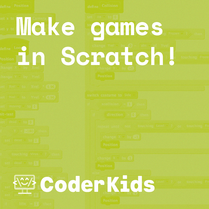 lime green icon with the words make games in scratch