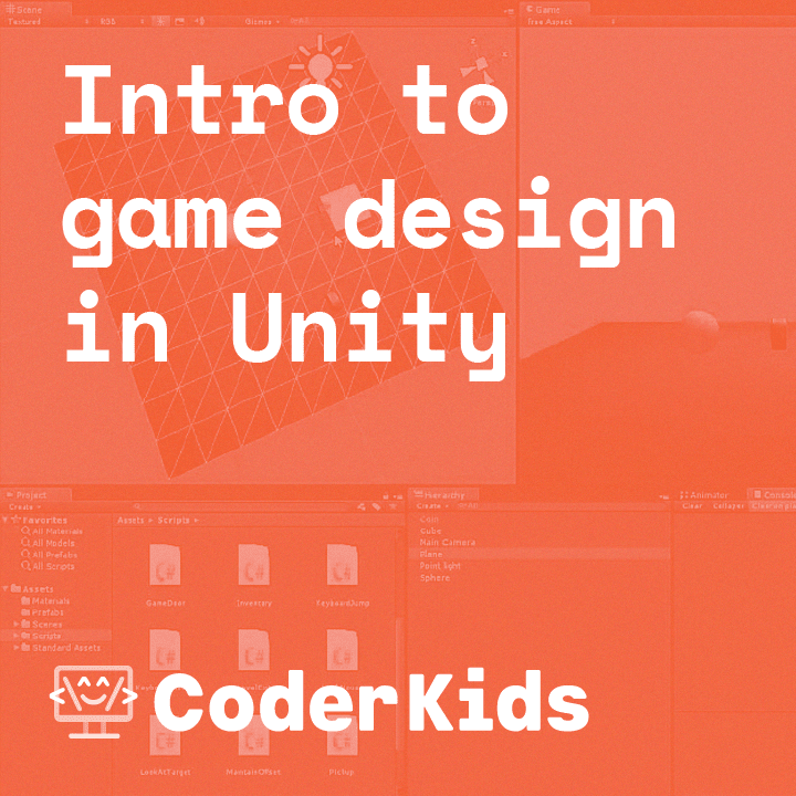 red logo that says intro to game desing in Unity Coder Kids in white writing