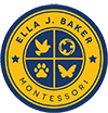 A Crest to represent Ella J. Baker Montessori School with emblazoned dove, butterfly, paw print, students arm in arm