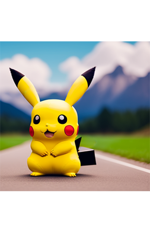 3d pikachu figure standing on a road in front of a mountain
