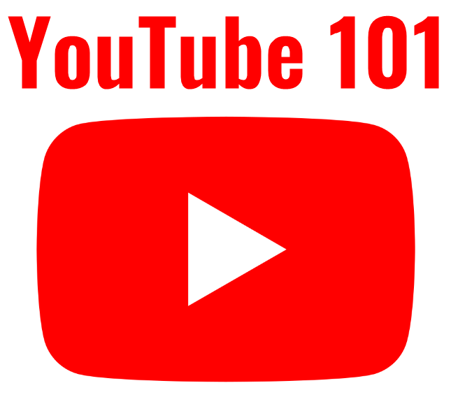 youtube 101 written in red above youtube icon, red rectangle with a white triangle pointing right in the center